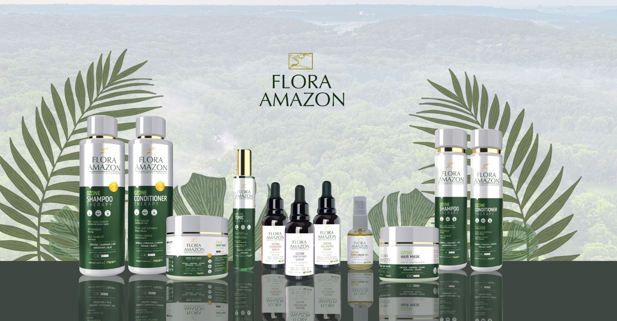 full collection of ozone skin and hair products by flora amazon, from shampoo to botanical oils.