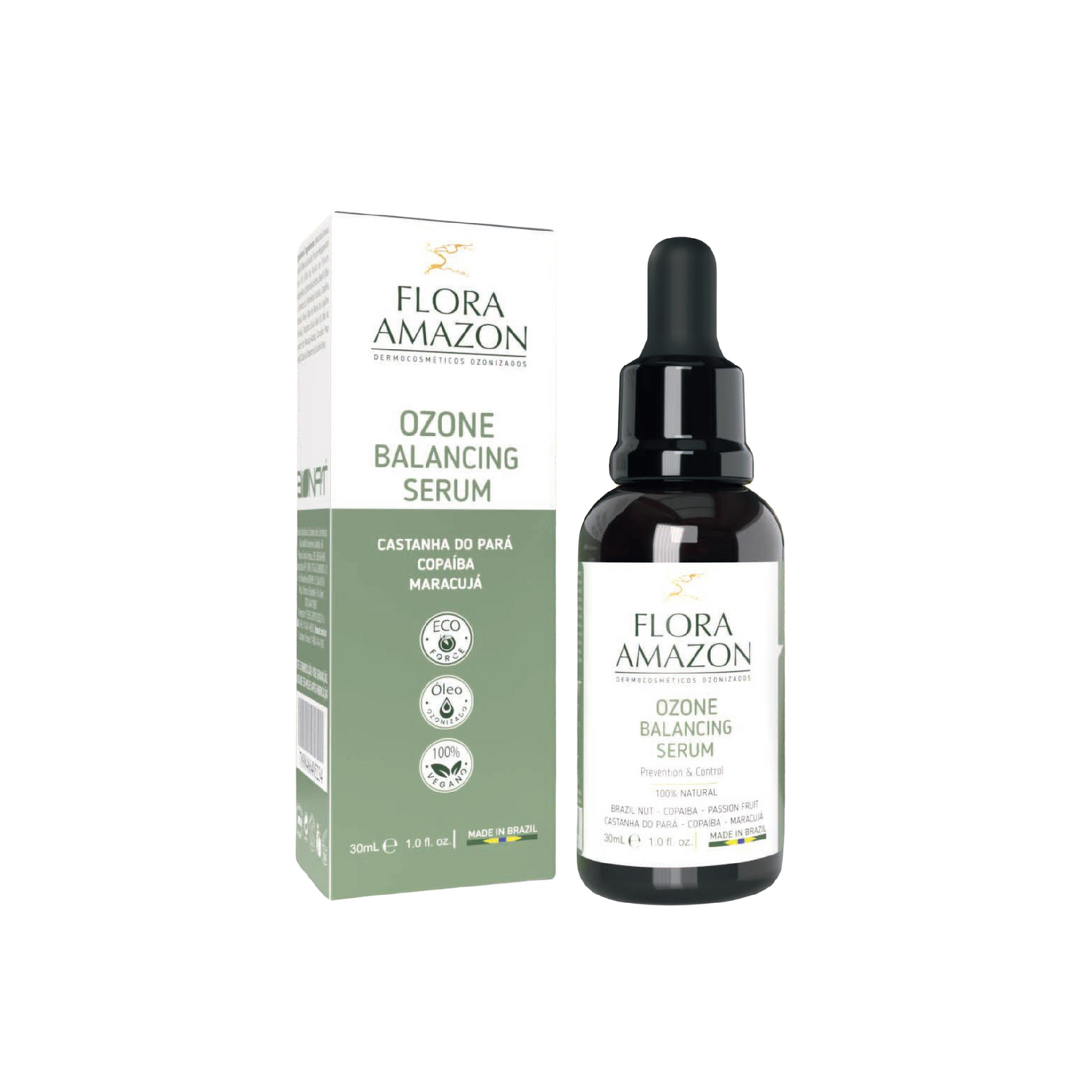 ozone balancing serum dropper bottle and package, for hair and skin control.