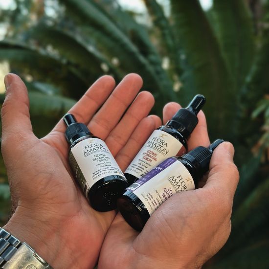 ozone fortifying, hydrating, and balancing serums by flora amazon, botanical oils for hair and skin.