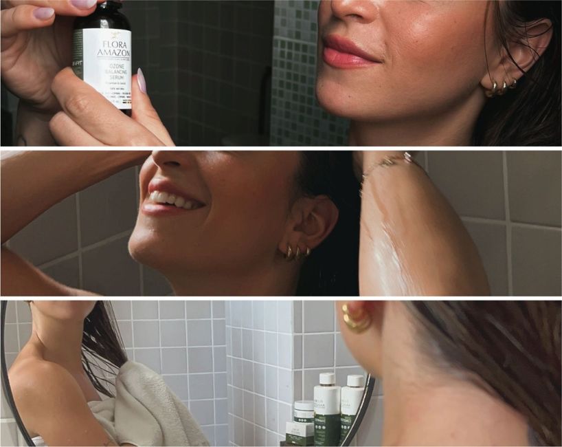 flora amazon model showering while using ozone fortifying serum and other flora products.