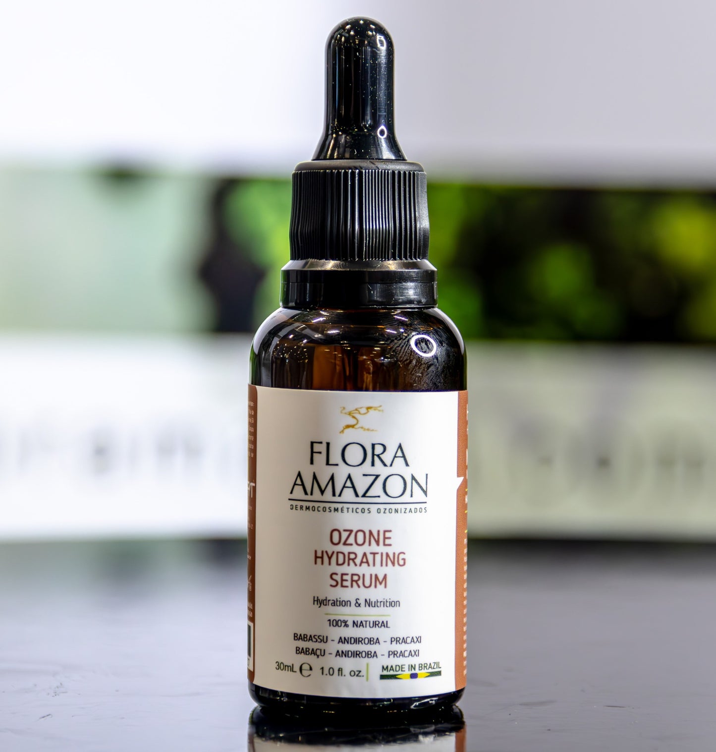ozone hydrating serum bottle with hydrating and nutrition benefits for skin and hair.