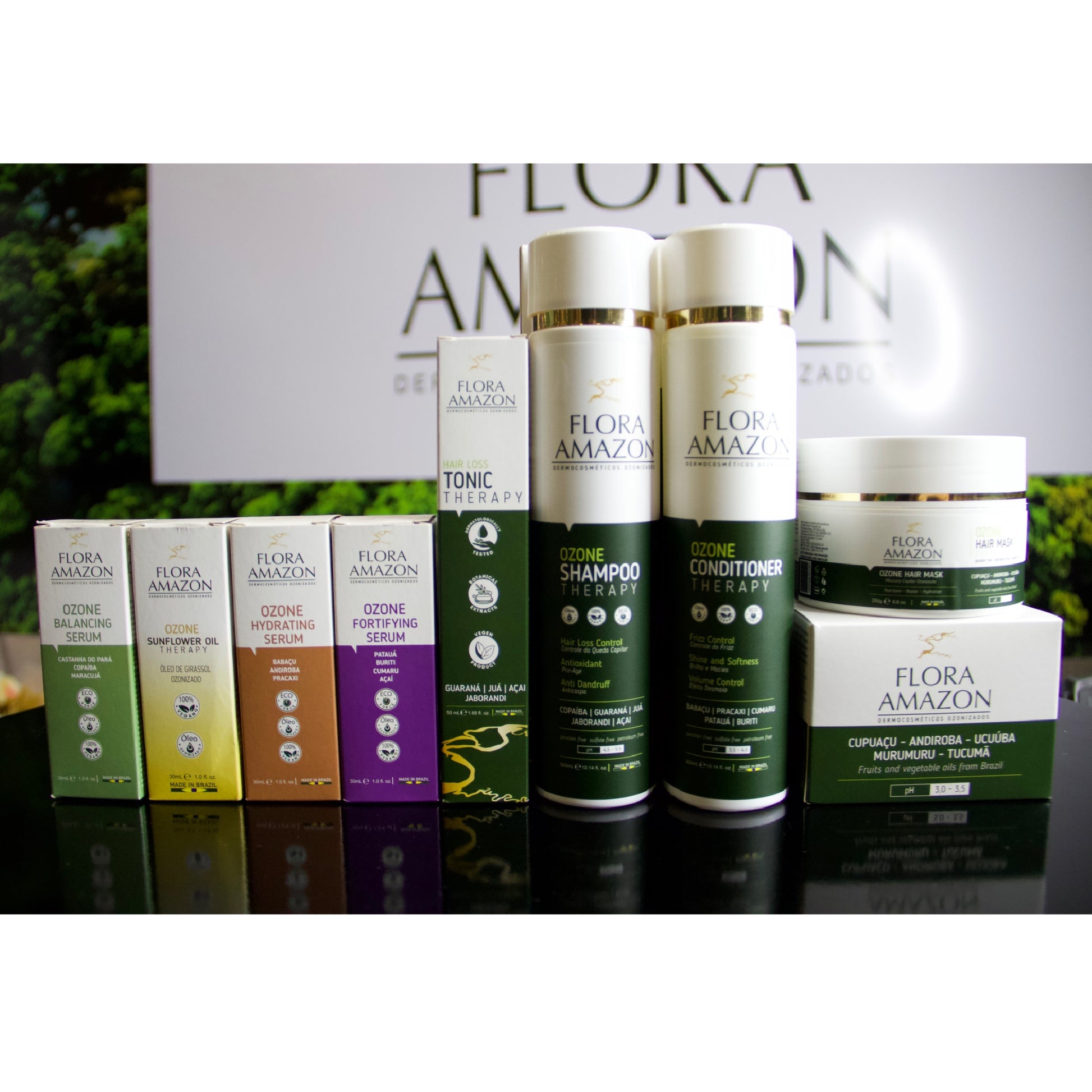 flora's full collection of of ozone products, featuring the small shampoo and conditioner bottles.