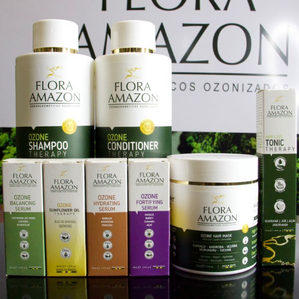 flora amazon's ozone oil collection, shampoo, conditioner, hair mask, and hair loss tonic.