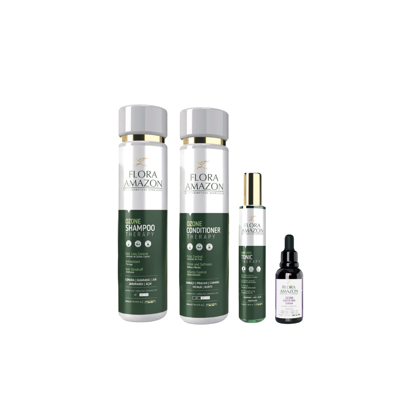 flora's bundle for hair loss and thinning with shampoo, conditioner, hair loss tonic, and fortifying serum.