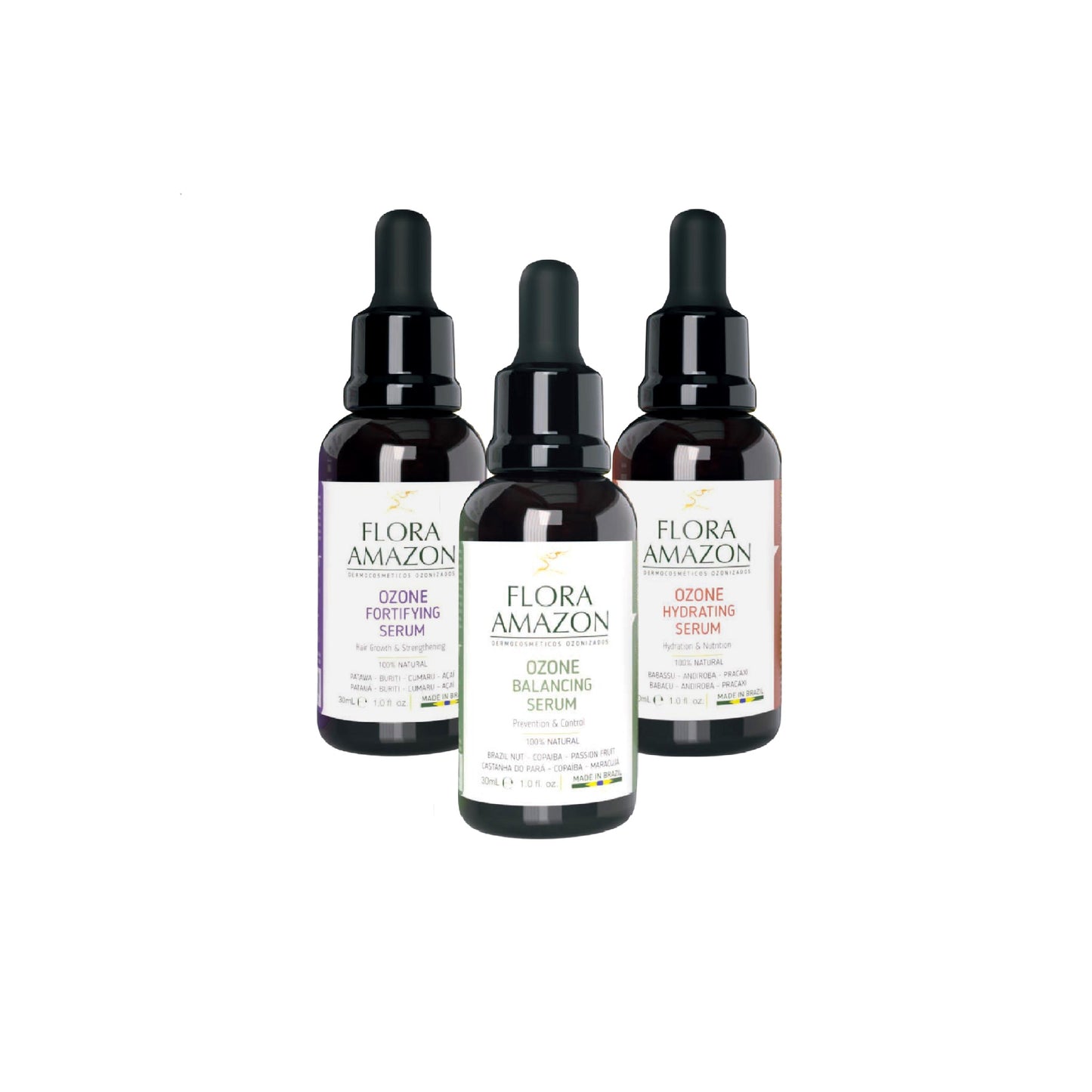 ozone hydrating, balancing, and fortifying serums by flora amazon.