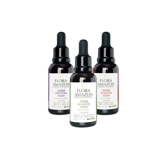 ozone hydrating, balancing, and fortifying serums by flora amazon.