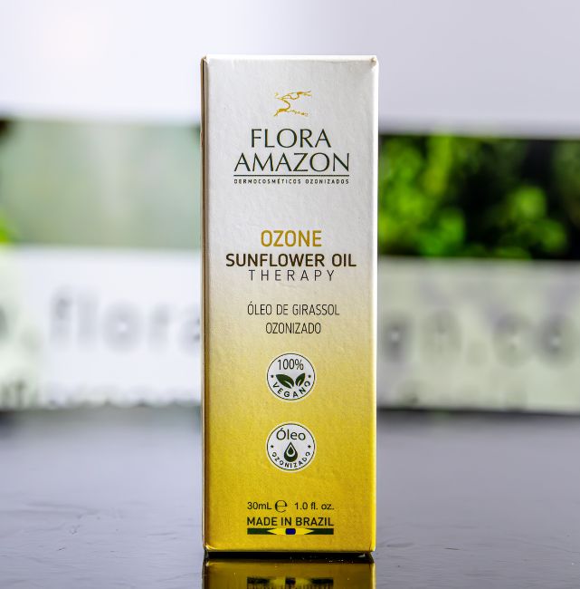 ozone sunflower oil therapy package with vegan and ozone icon, made in brazil.