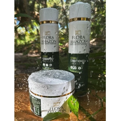 ozone shampoo, conditioner, and hair mask featured in the amazon rainforest.